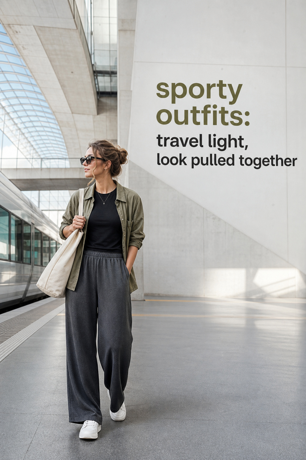 sporty outfits with wide jersey pants and olive overshirt for travel