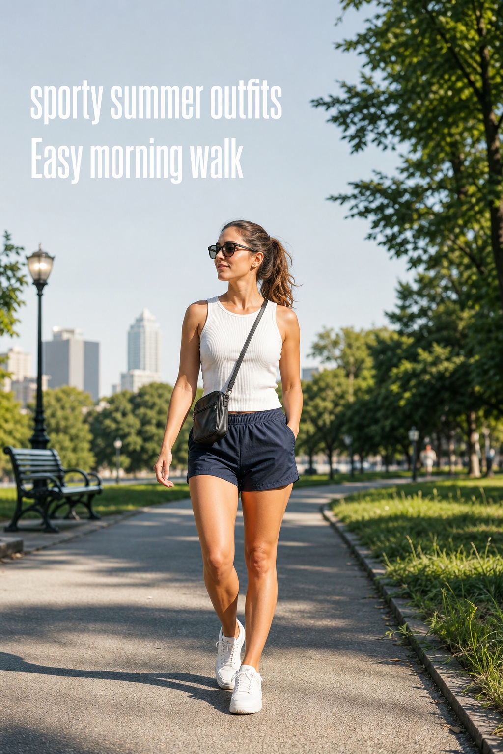 Sporty summer outfits with a white tank, navy running shorts, and retro sneakers