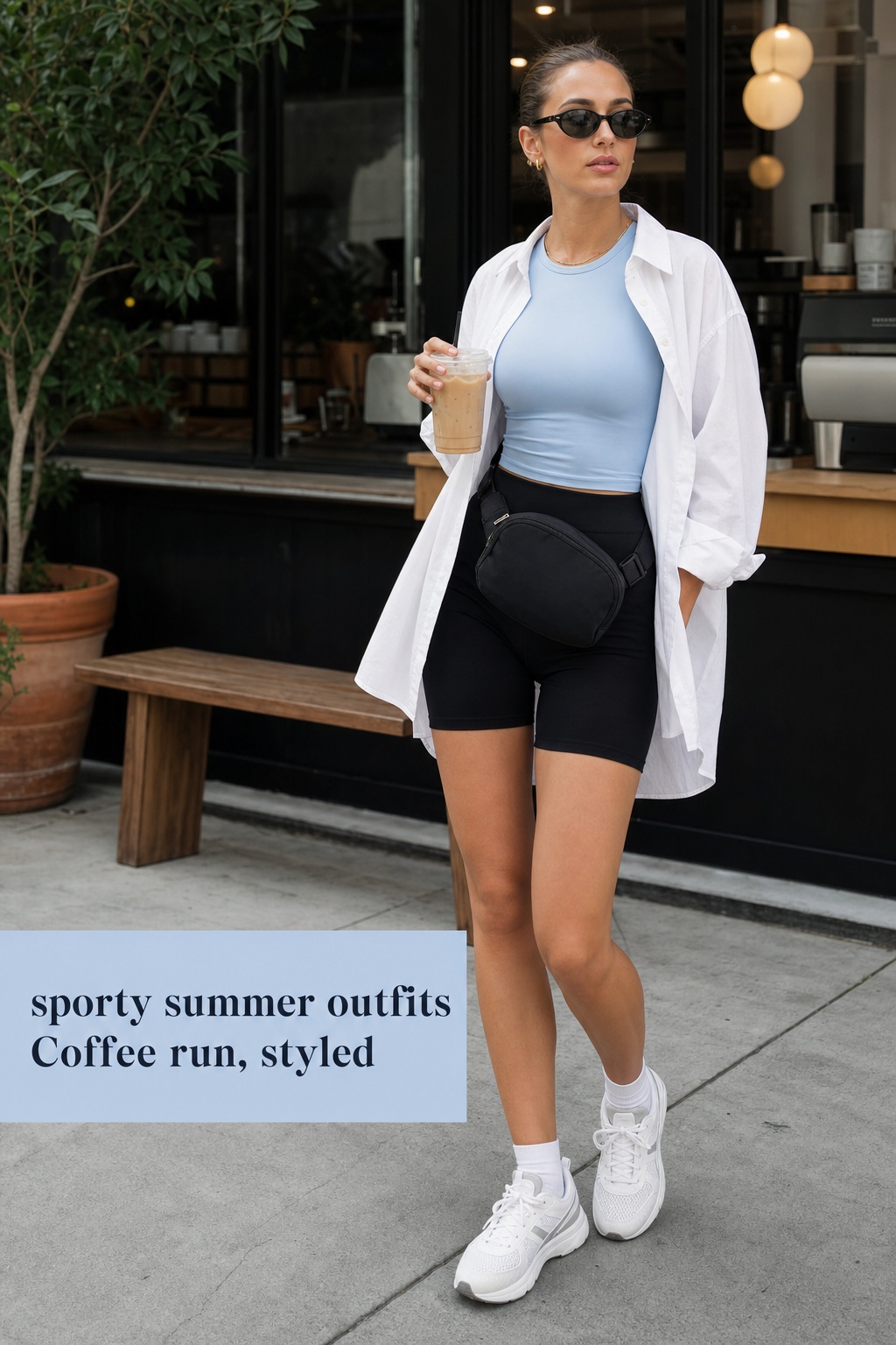 Sporty summer outfits with bike shorts, an athletic top, and an open cotton shirt