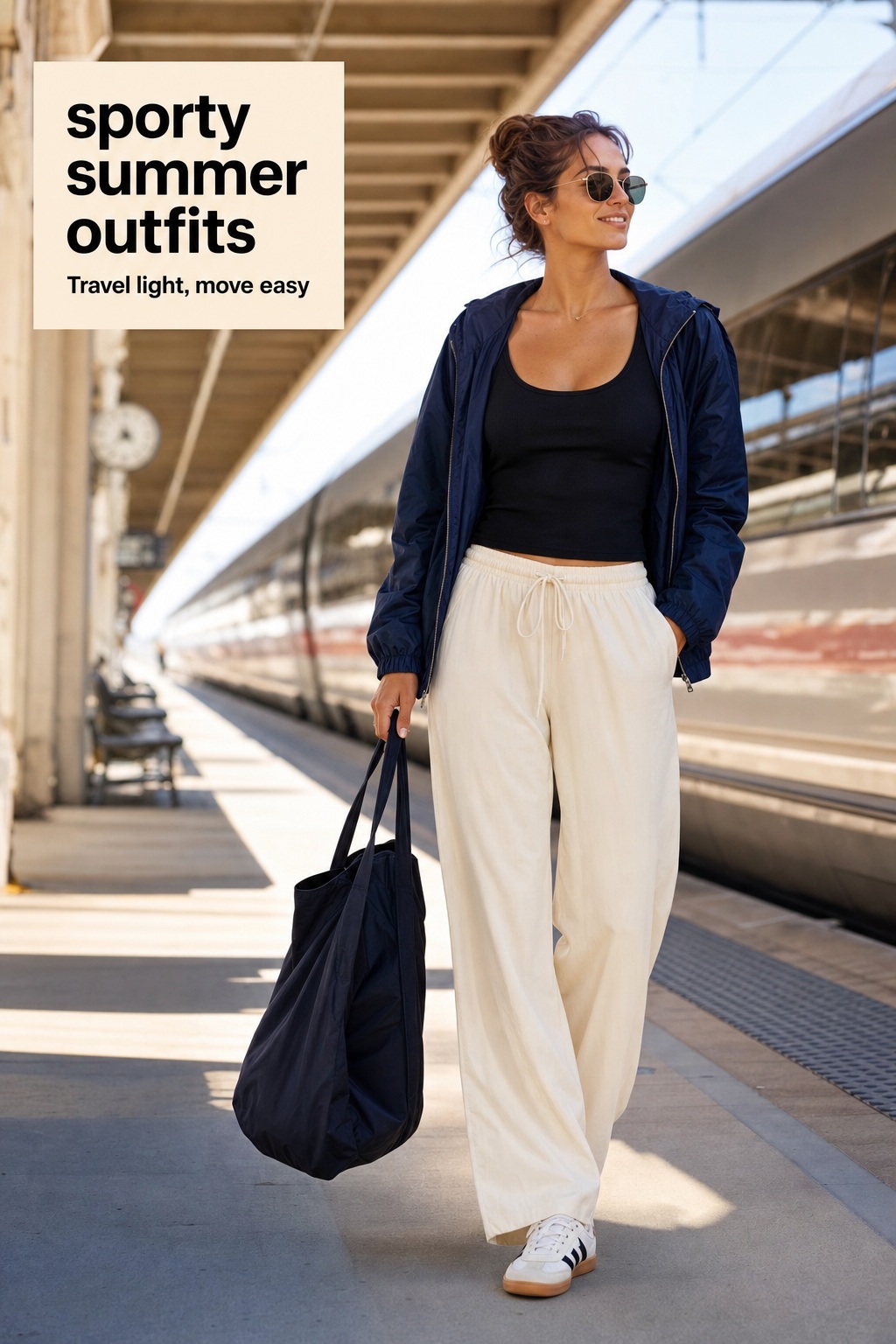 Sporty summer outfits with track pants, a tank, windbreaker, and sneakers