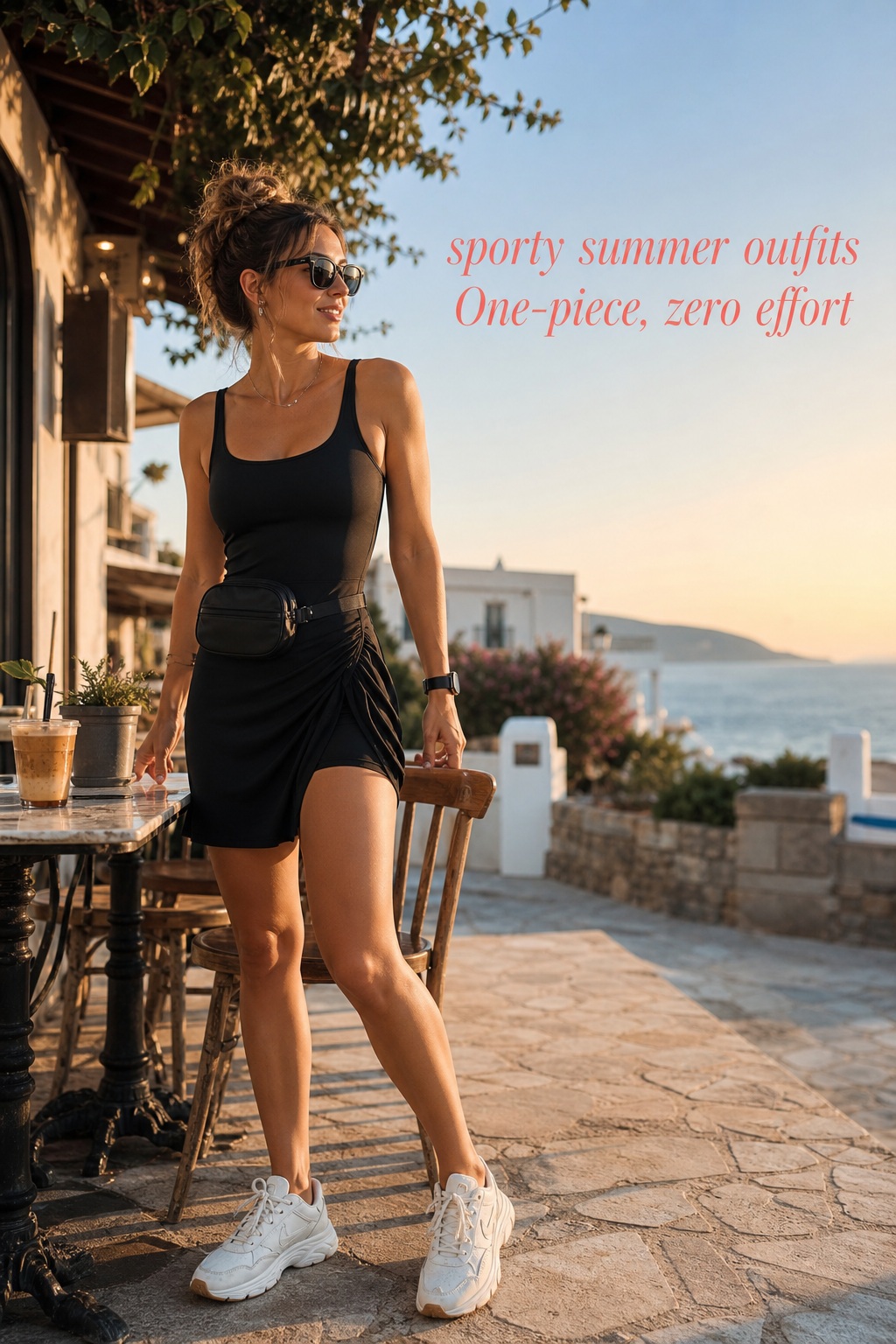 Sporty summer outfits with a black athletic dress, sneakers, and a belt bag