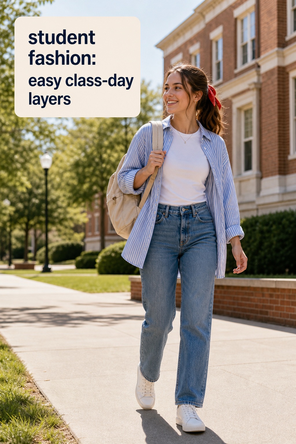 student fashion with jeans and striped overshirt for easy class-day layers