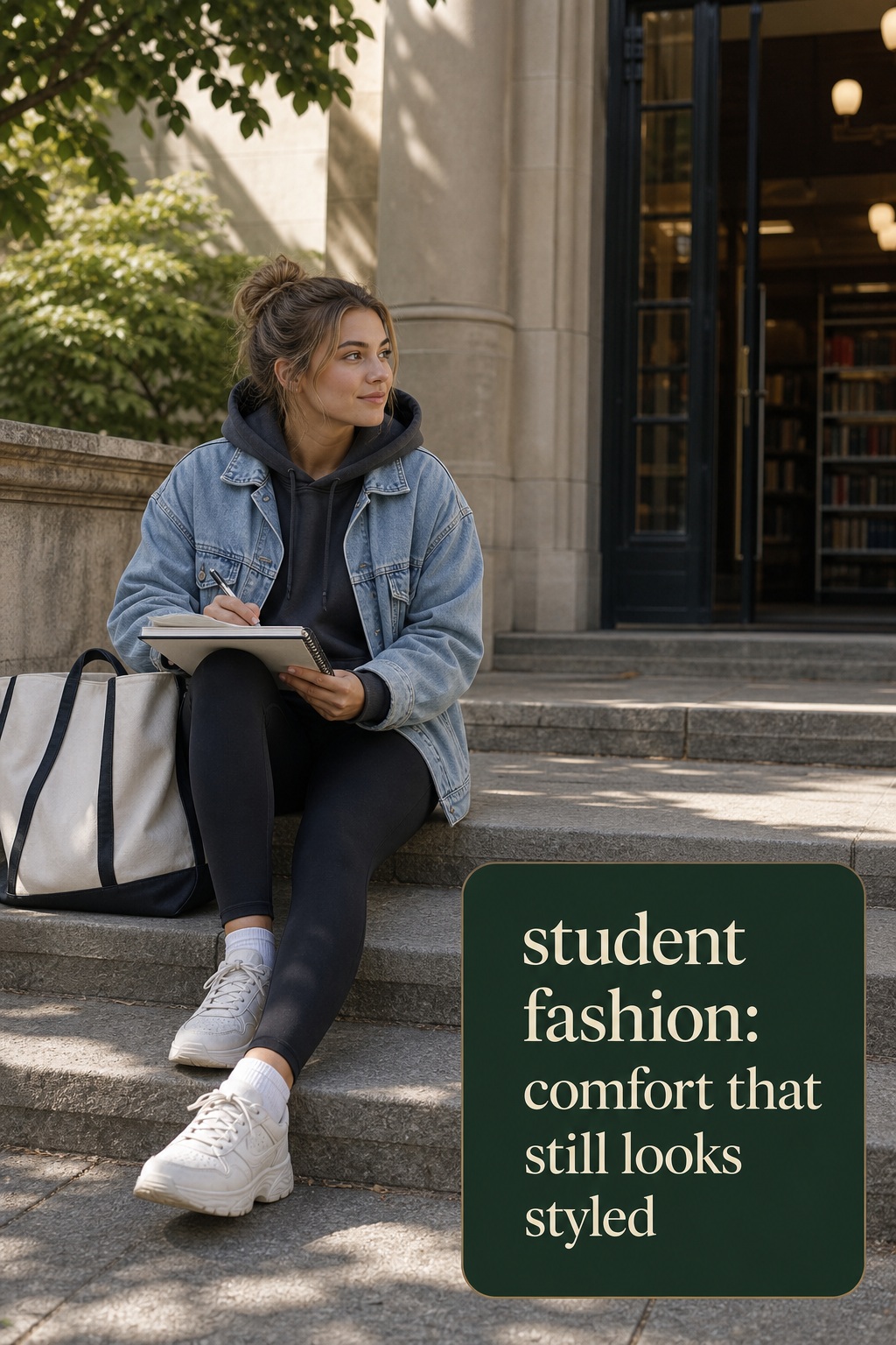 student fashion with leggings hoodie and denim jacket for a styled study day