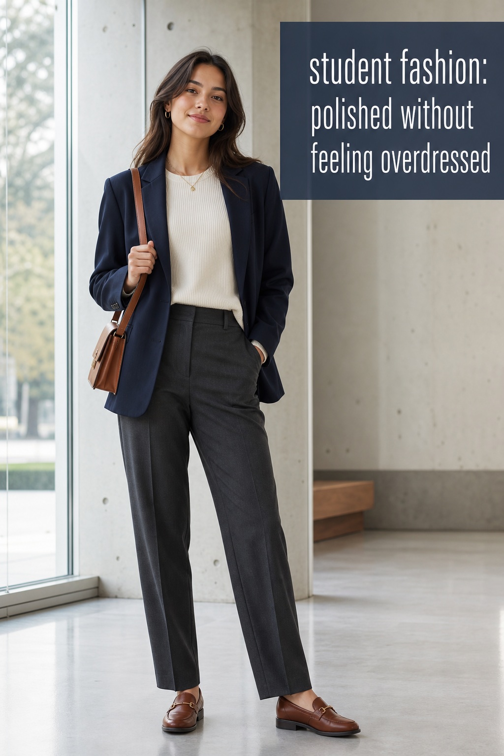 student fashion with pleated skirt and blue polo for class-to-coffee plans