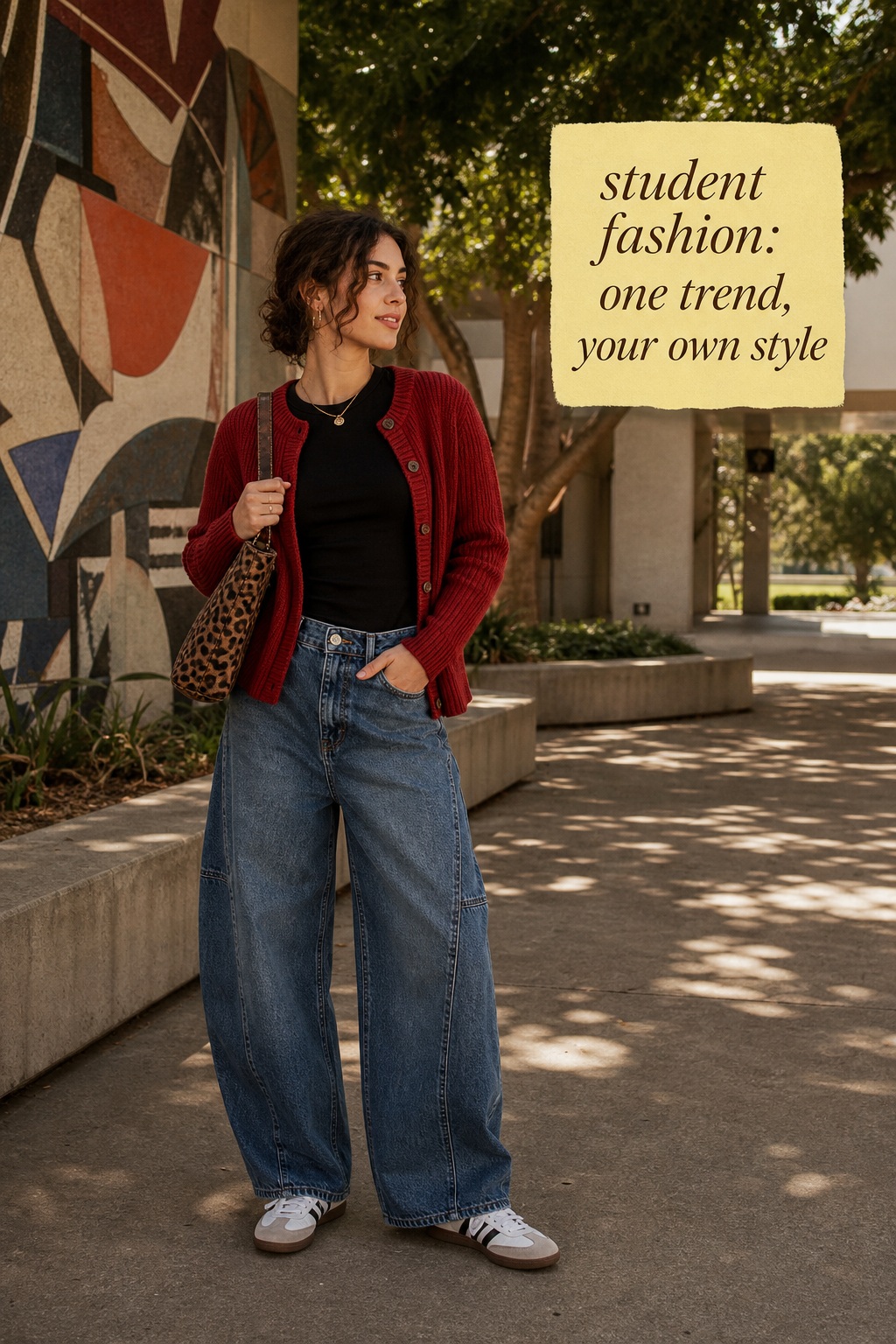 student fashion with utility jacket and wide-leg pants for changing campus weather