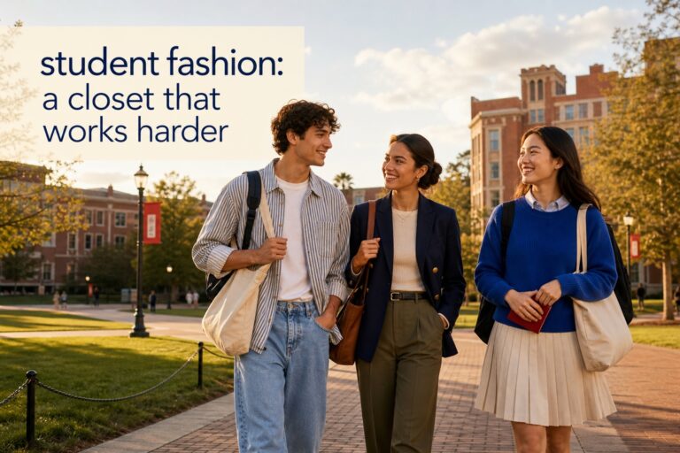 student fashion group in practical campus outfits walking across a college quad