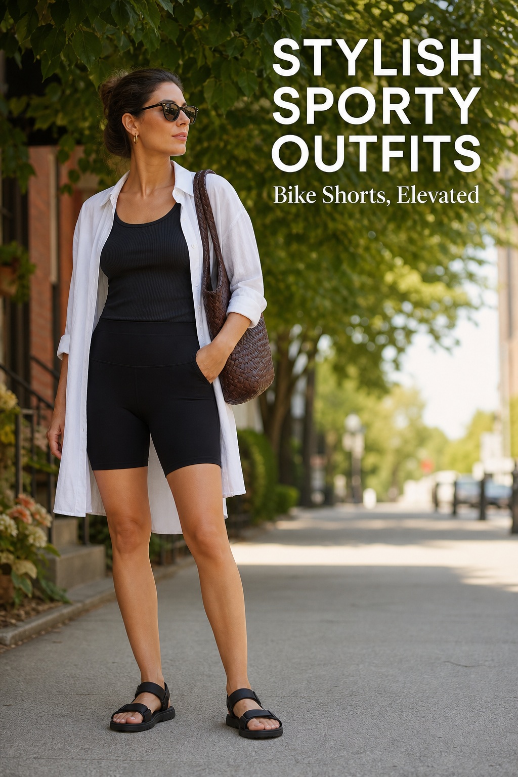 Stylish sporty outfits with leggings, an open blue shirt and white sneakers