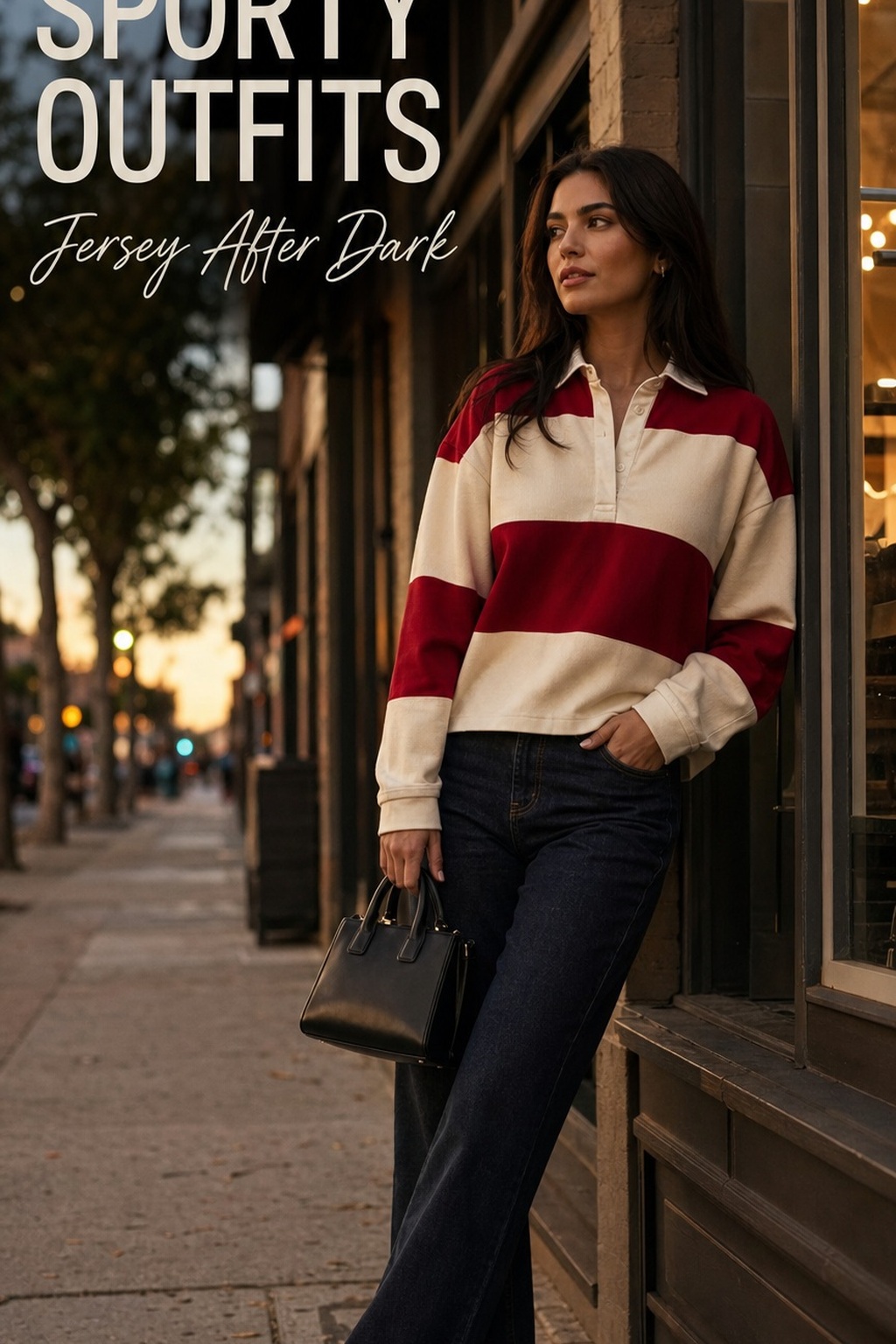 Stylish sporty outfits with a rugby jersey, dark denim and retro sneakers