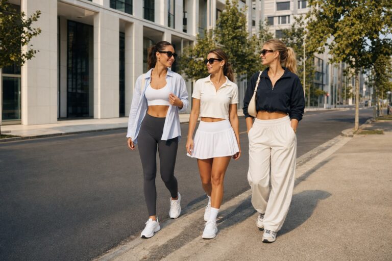 Three women wearing stylish sporty outfits on a modern city street