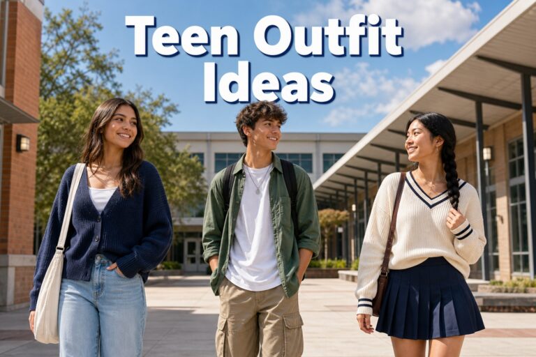 Teen outfit ideas with three students in school-to-weekend outfits