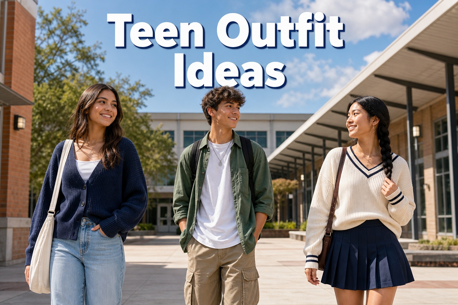 Teen outfit ideas with three students in school-to-weekend outfits