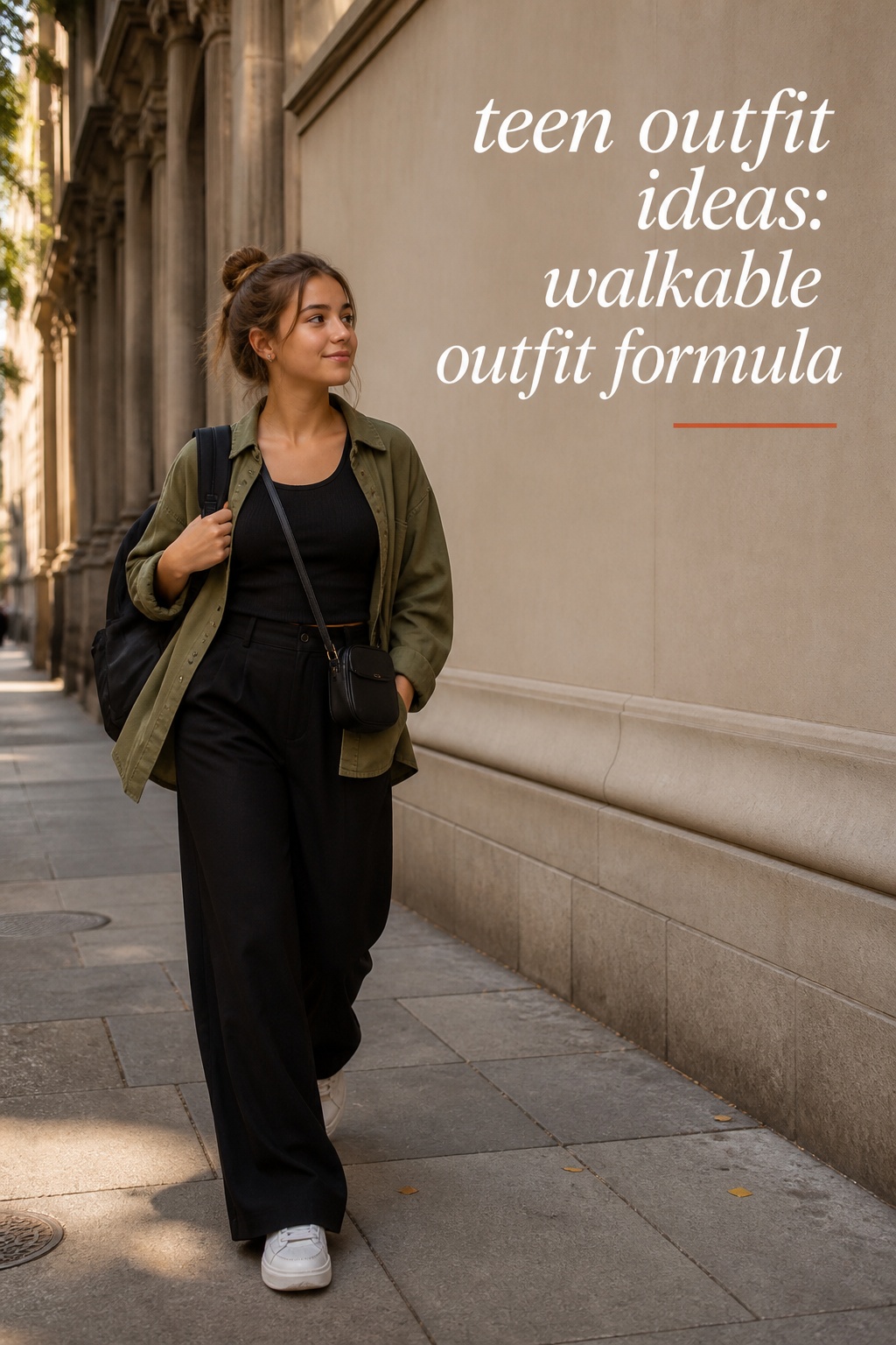 teen outfit ideas walkable outfit formula with wide trousers, overshirt, and sneakers