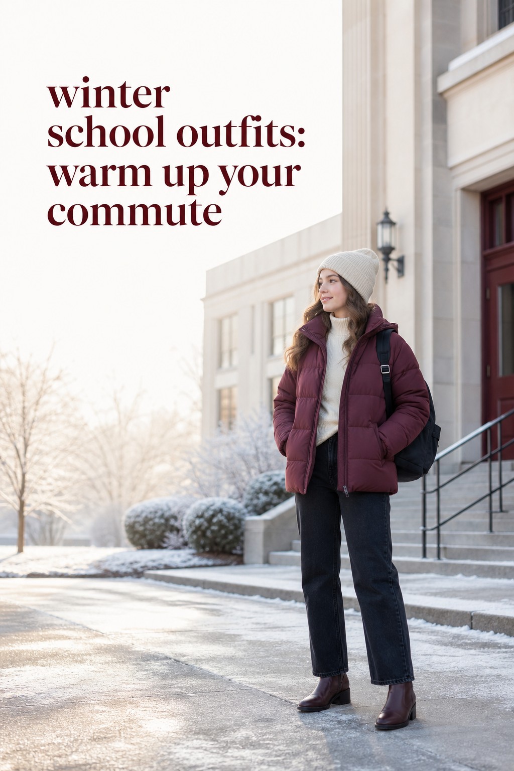 winter school outfits burgundy puffer cream knit jeans and boots for a frosty commute