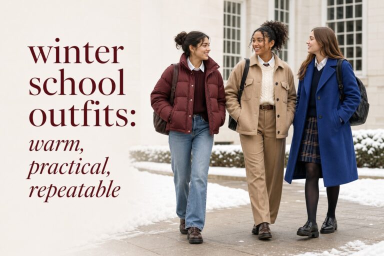 winter school outfits with three students in puffer coat shacket and plaid skirt looks