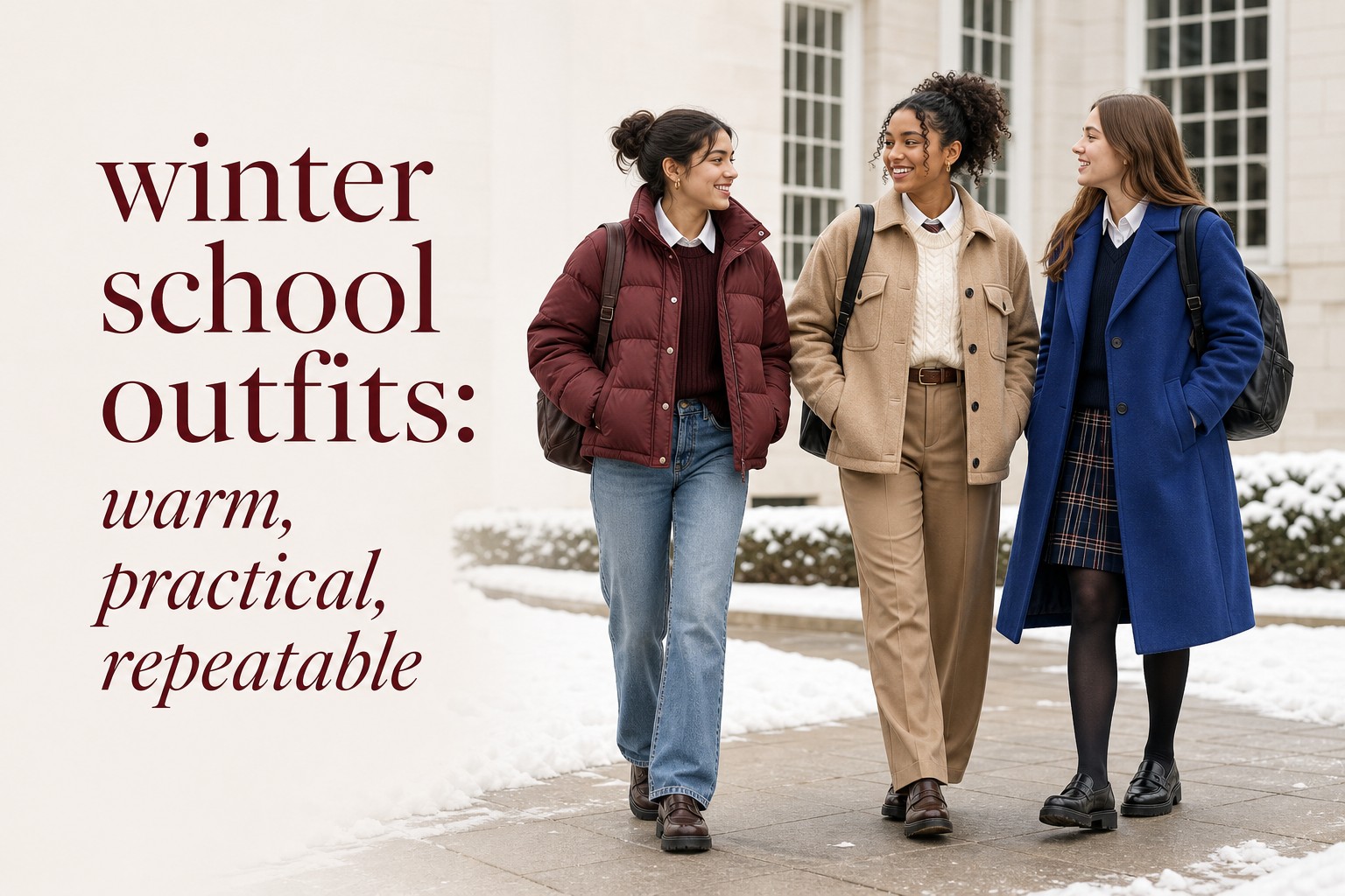 winter school outfits with three students in puffer coat shacket and plaid skirt looks