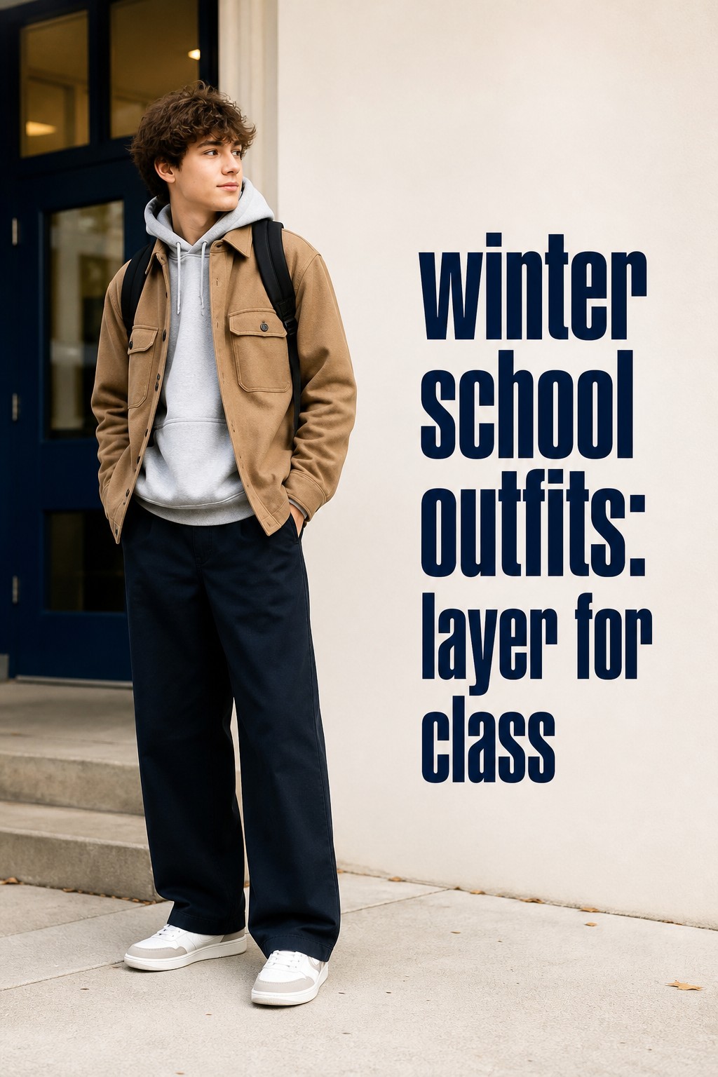 winter school outfits gray hoodie camel shacket trousers and sneakers for class