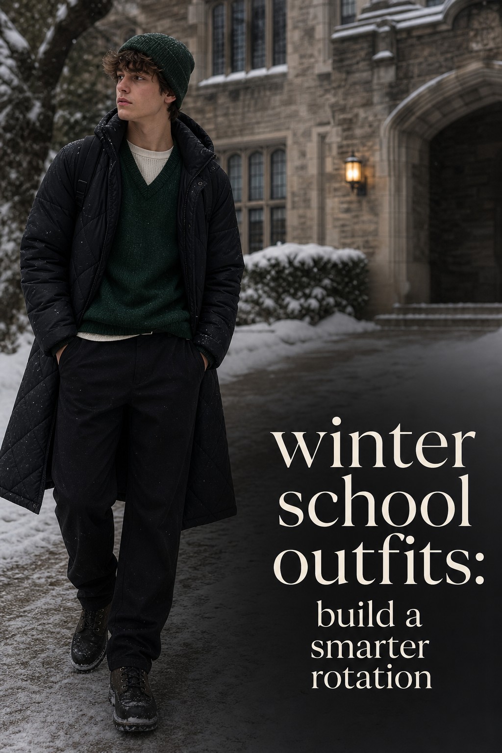 winter school outfits forest green sweater vest black trousers and quilted coat