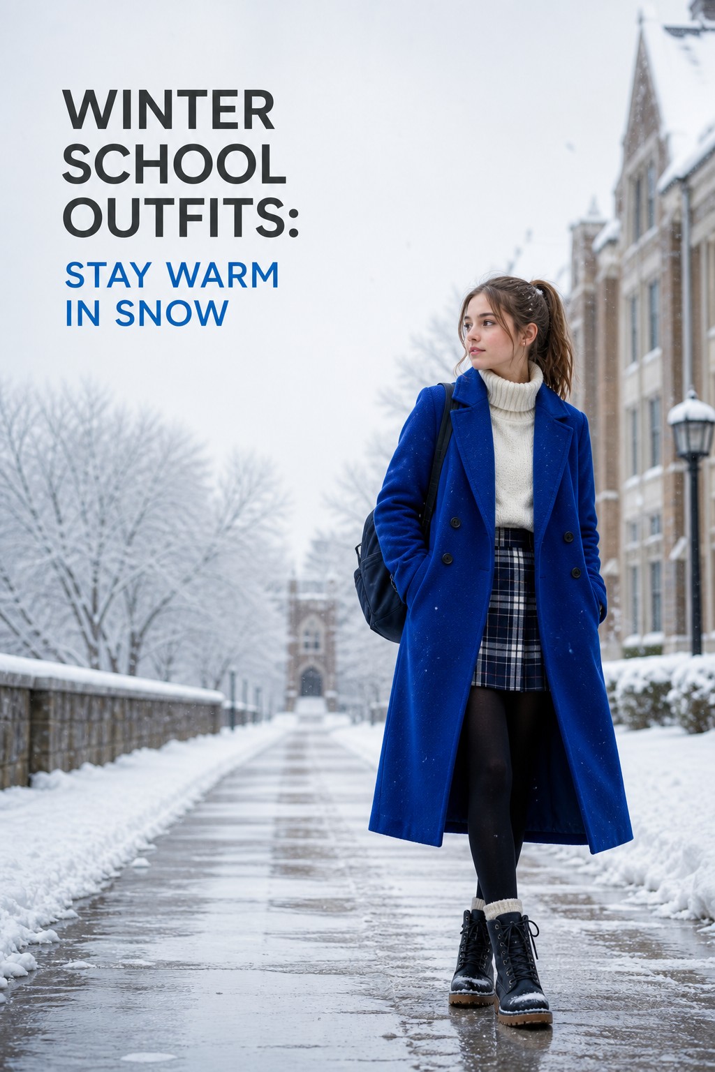 winter school outfits cobalt coat plaid skirt tights and boots on a snowy day