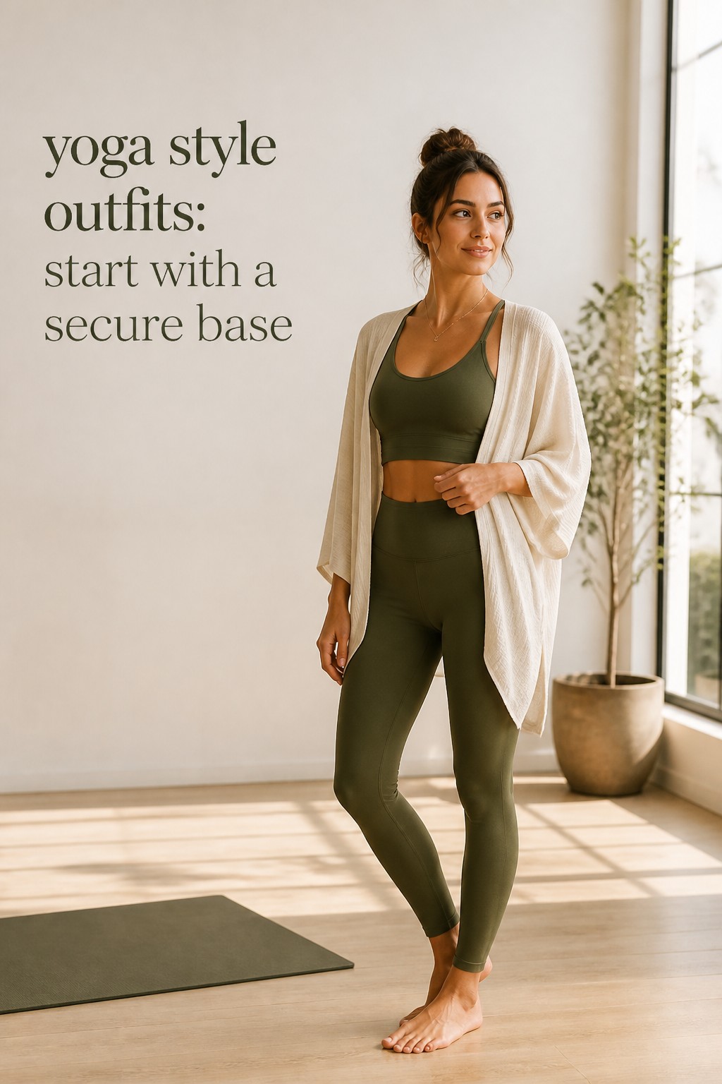 yoga style outfits olive matching set with cream wrap in a bright studio