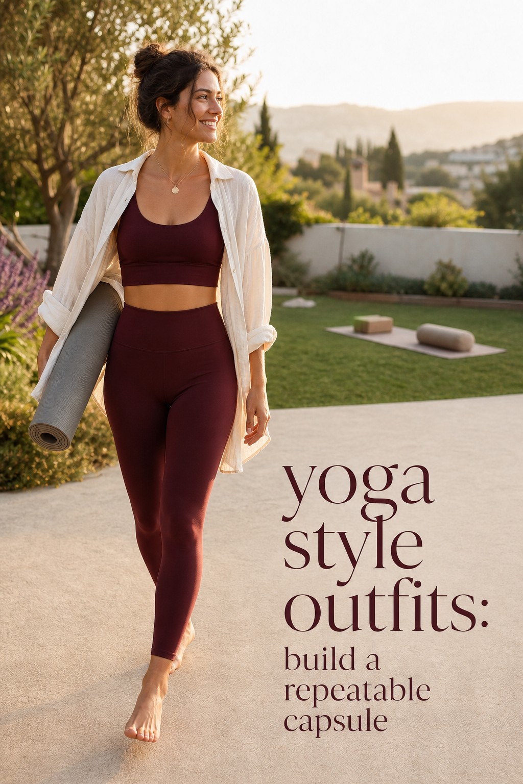 yoga style outfits burgundy set with ivory overshirt outdoors