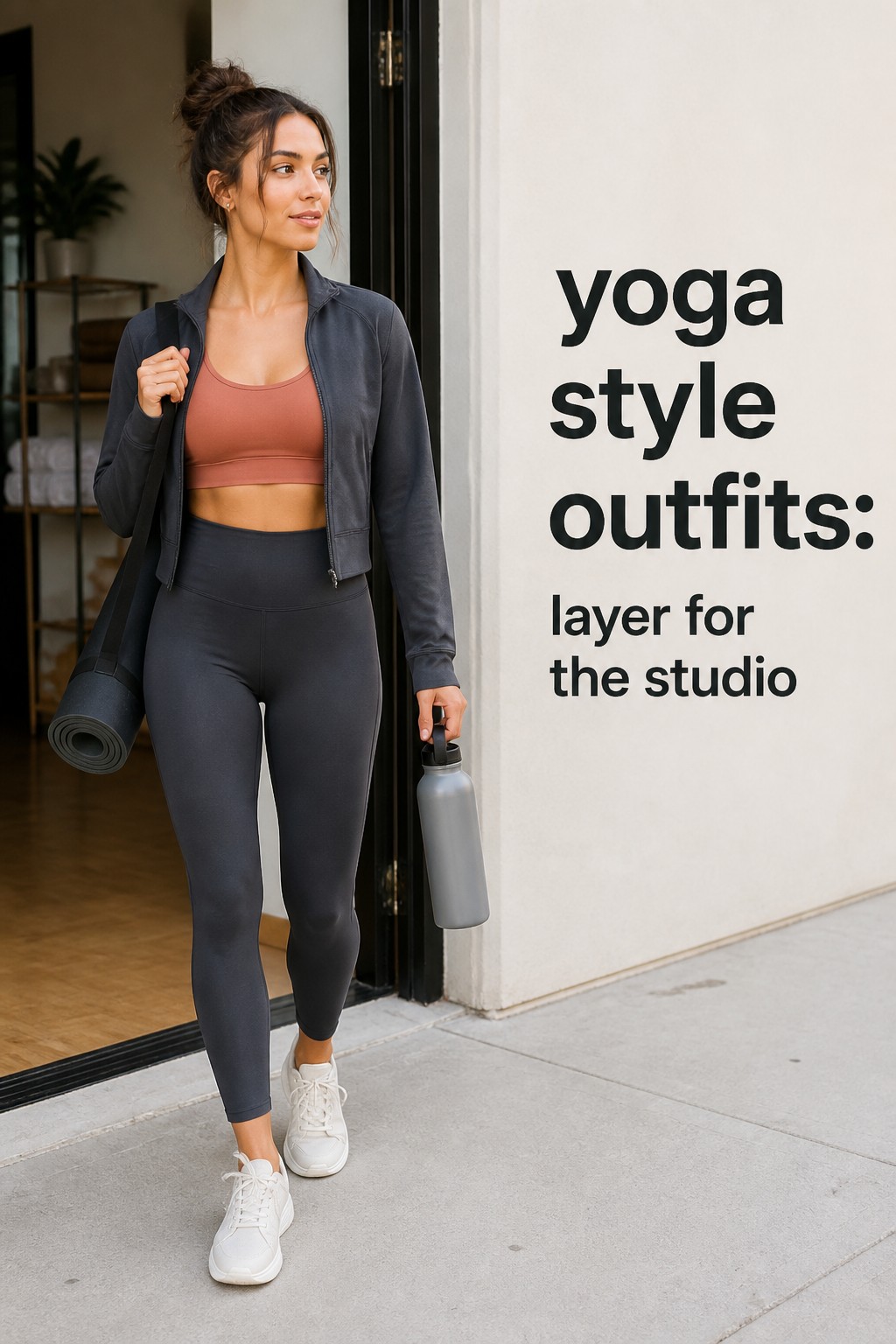yoga style outfits terracotta bra charcoal leggings and cropped jacket