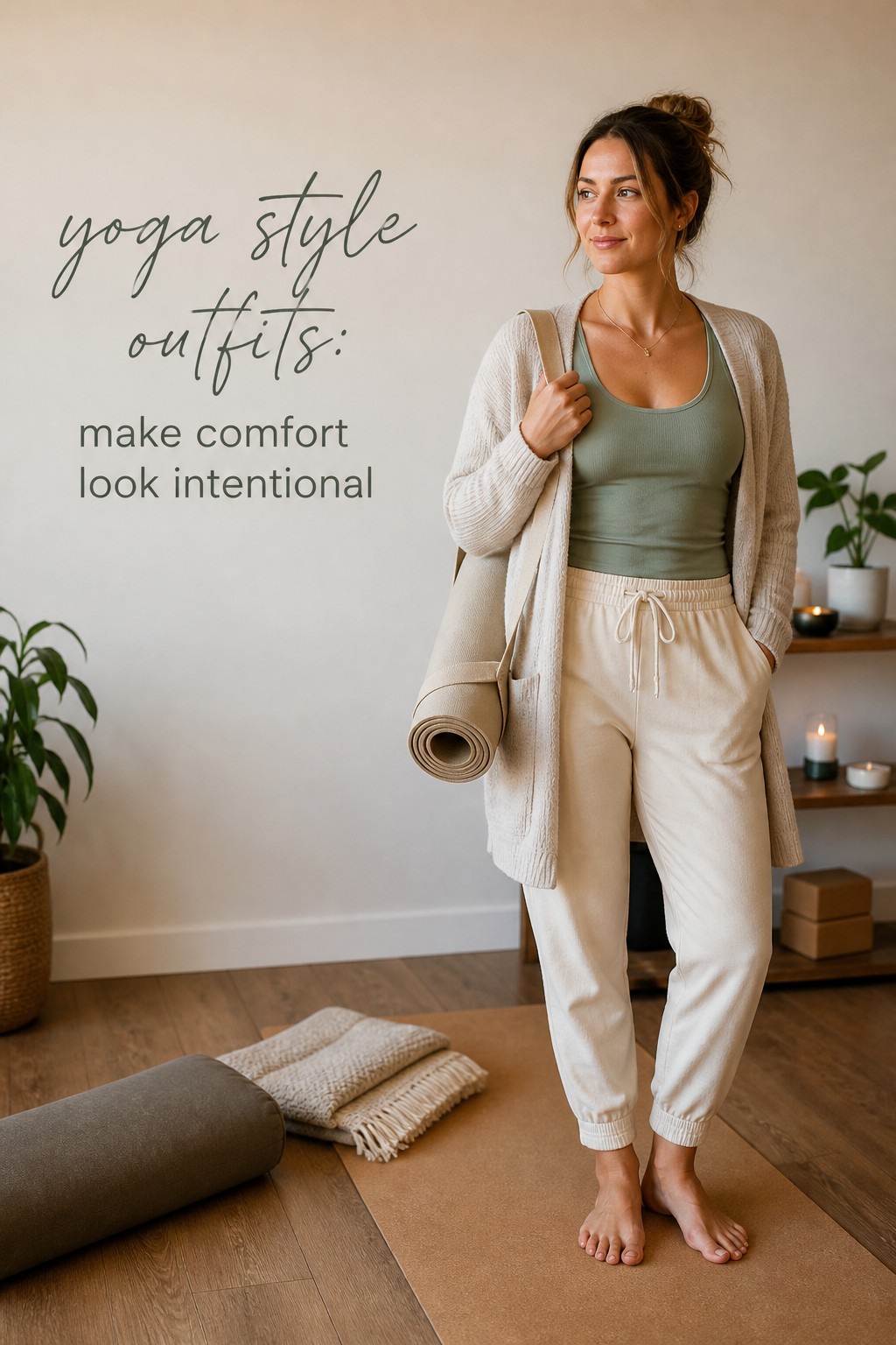 yoga style outfits sage tank cream joggers and soft cardigan