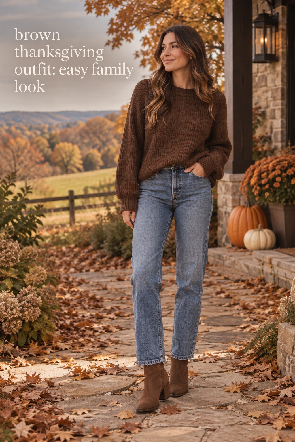 brown thanksgiving outfit with a chocolate knit, jeans, and autumn boots