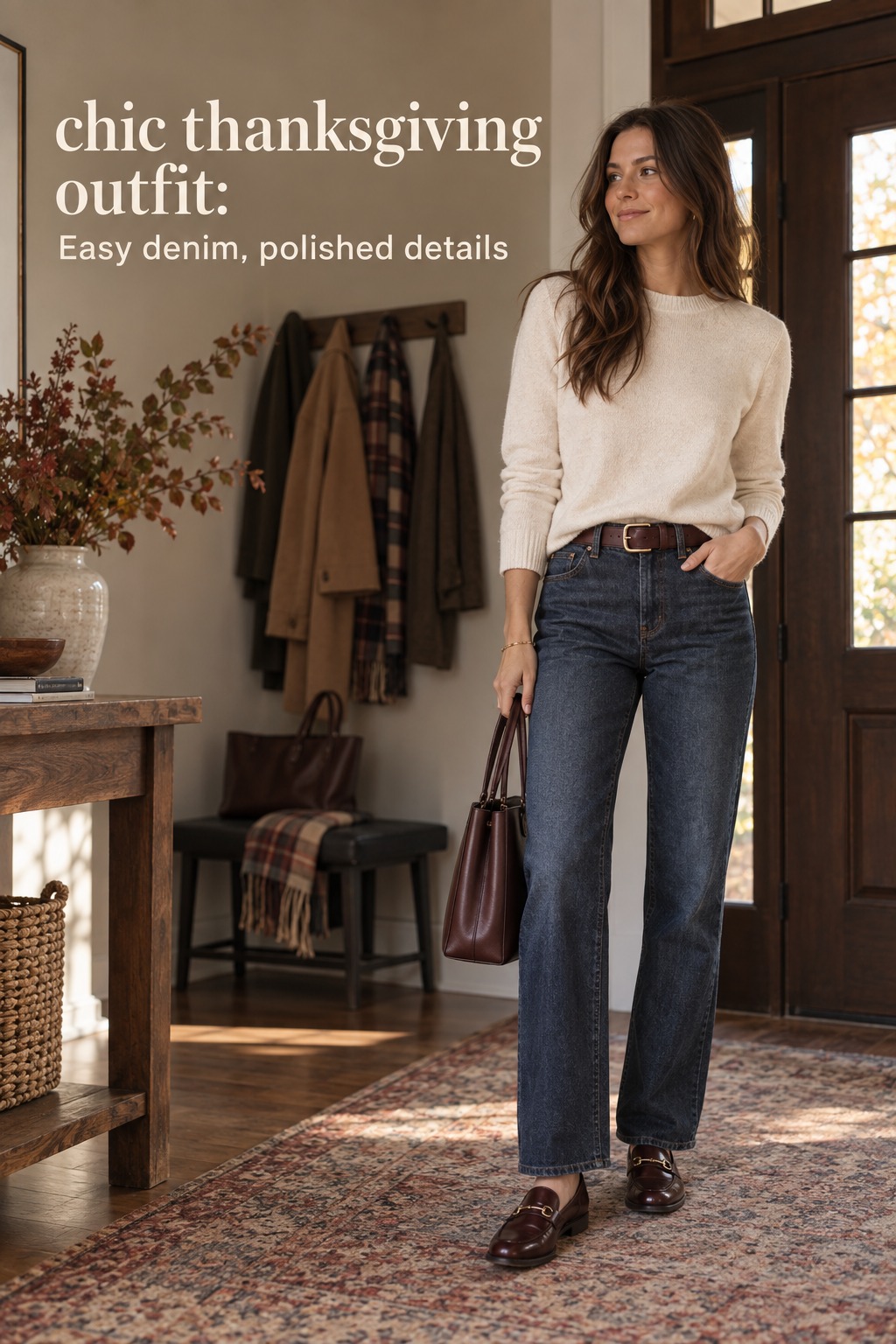 chic thanksgiving outfit with a cream knit, dark jeans, burgundy belt and loafers