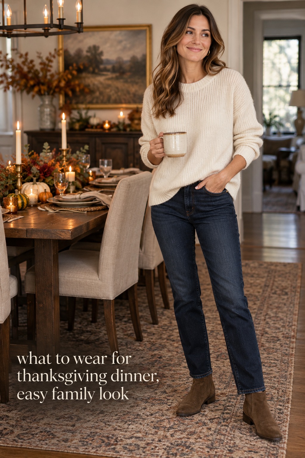 what to wear for thanksgiving dinner: easy family look with a cream sweater and dark jeans