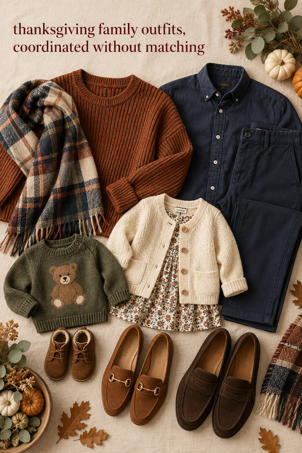 thanksgiving family outfits flat lay with rust knit, navy trousers, a plaid scarf, child cardigan, and comfortable shoes
