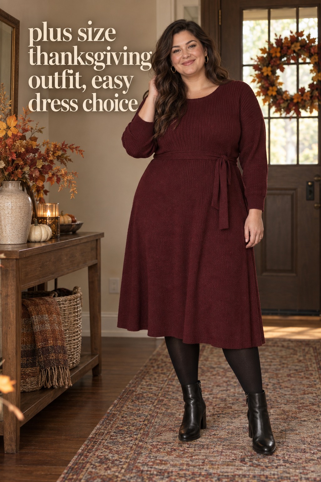 Plus size Thanksgiving outfit in a burgundy knit midi dress with tights and boots