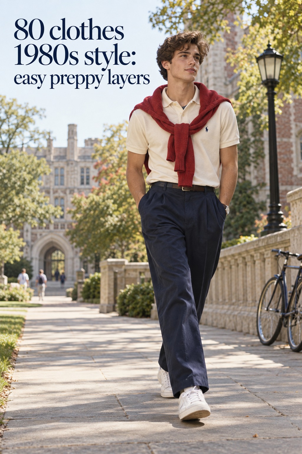80 clothes 1980s style in an easy preppy outfit with a polo, red knit, and navy trousers