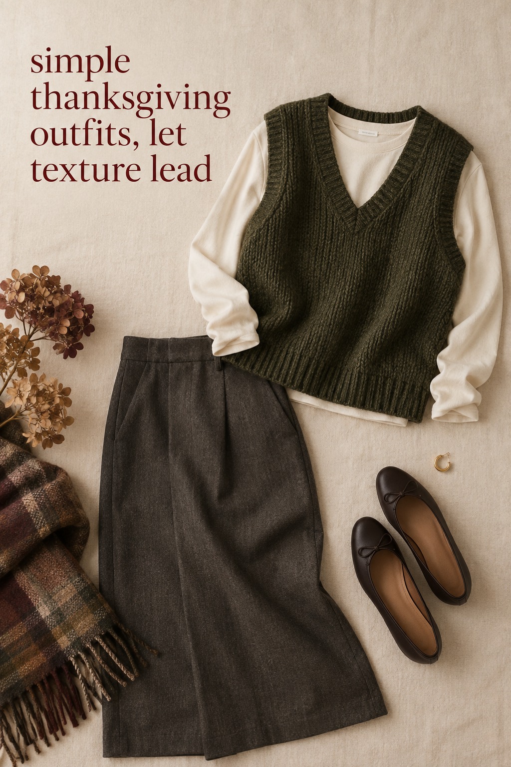 simple thanksgiving outfits flat lay with olive textured vest, ivory top, charcoal skirt, and flats