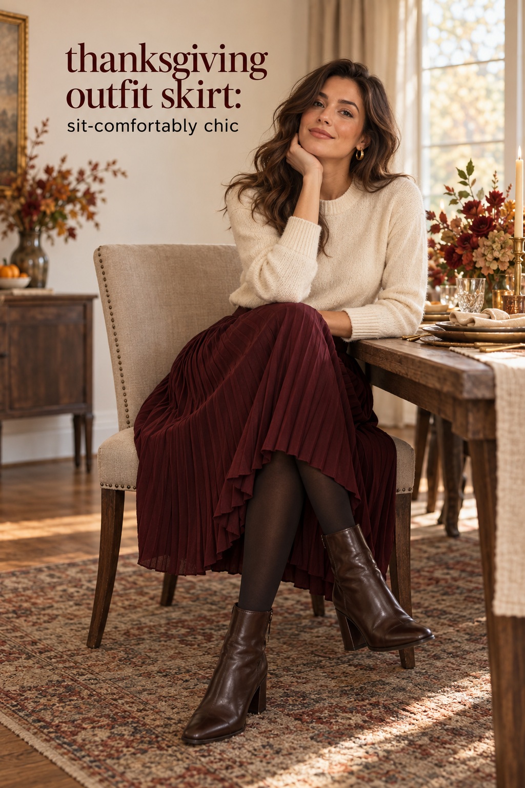 Thanksgiving outfit skirt with burgundy pleated midi, cream sweater, tights, and boots