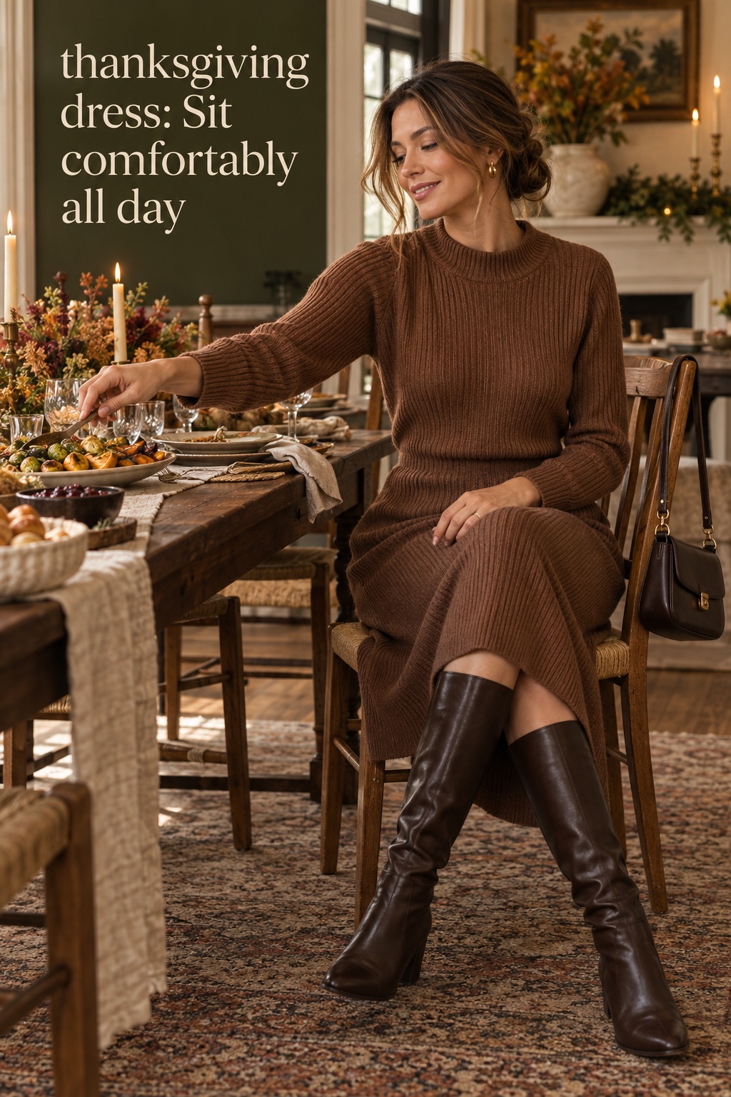 thanksgiving dress, woman seated comfortably at a dinner table in a brown ribbed midi and boots