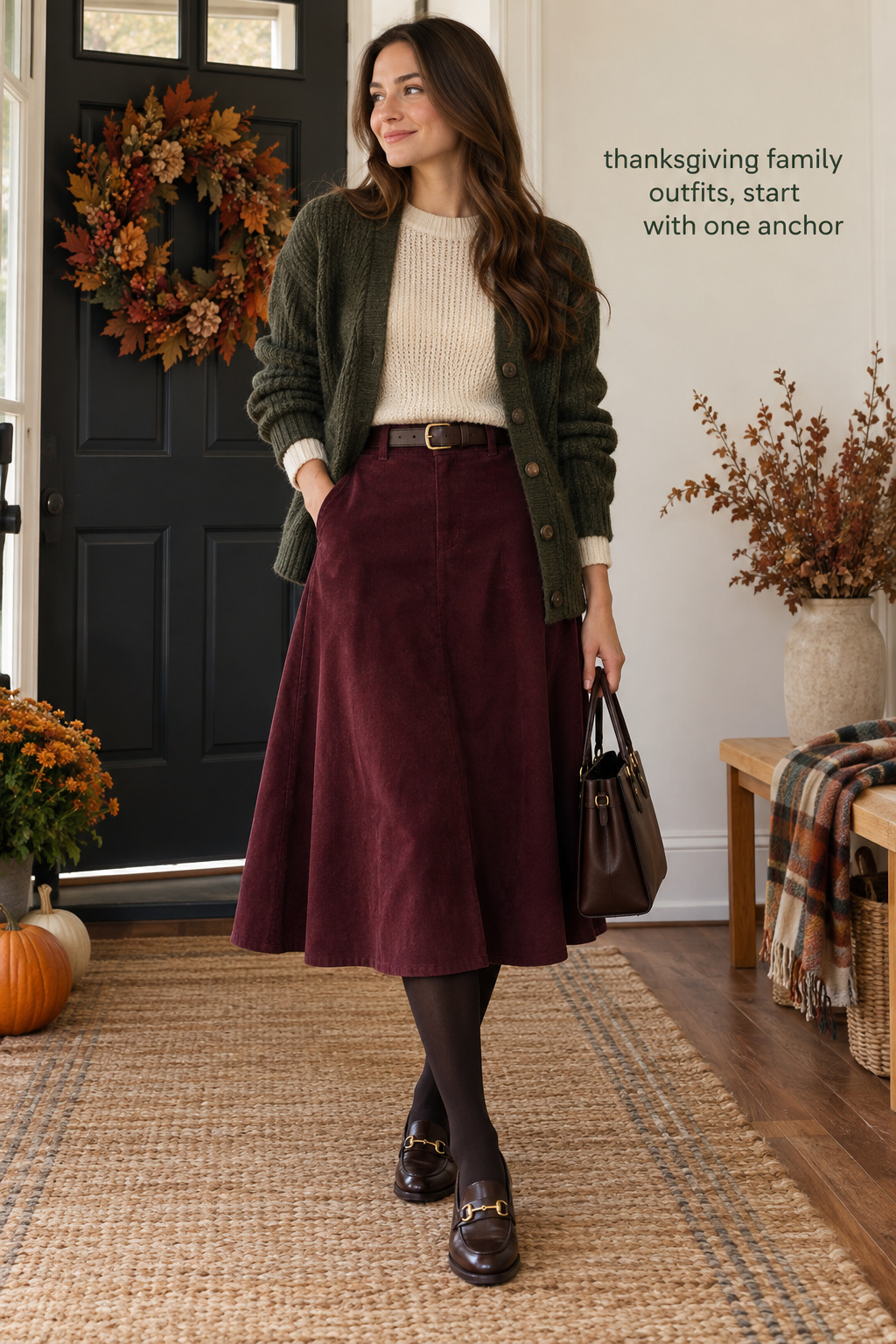 thanksgiving family outfits anchor look with forest cardigan, cream knit, burgundy skirt, belt, tights, and loafers