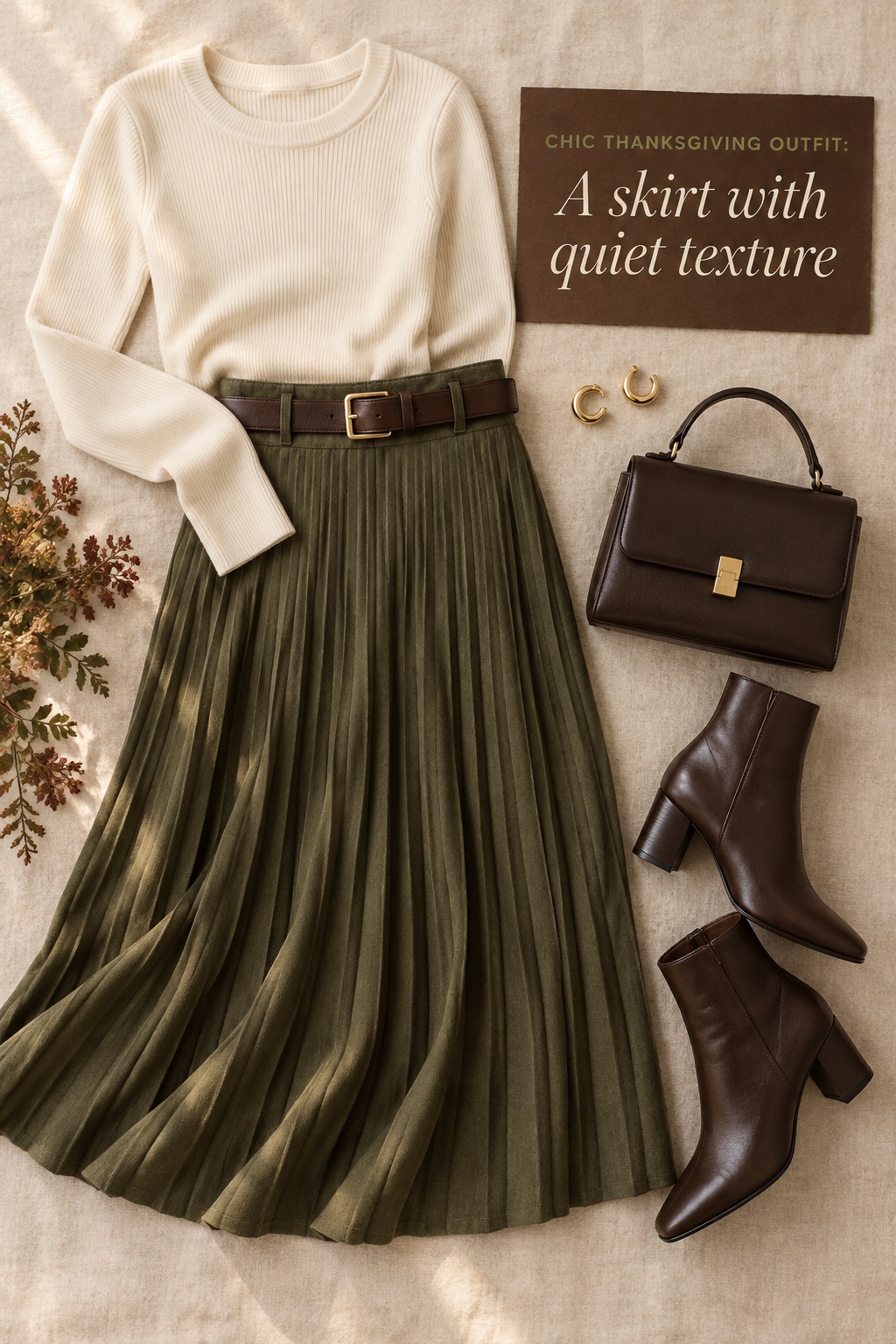 chic thanksgiving outfit flat lay with an olive skirt, cream knit and chocolate accessories