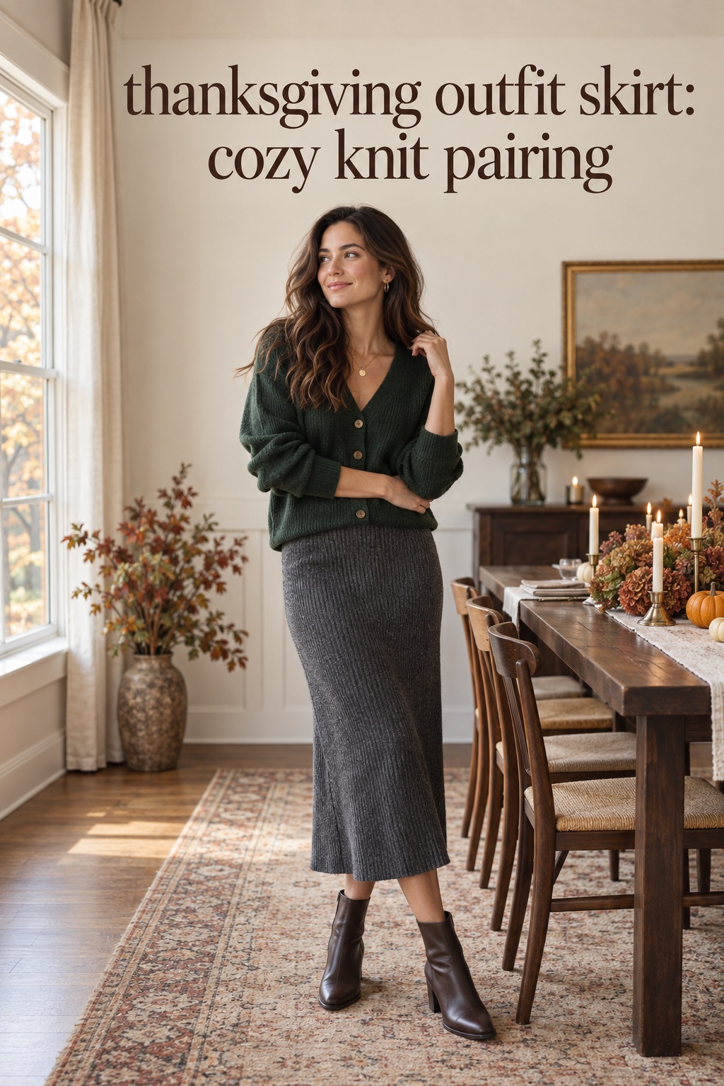 Thanksgiving outfit skirt with charcoal knit midi, forest cardigan, and ankle boots