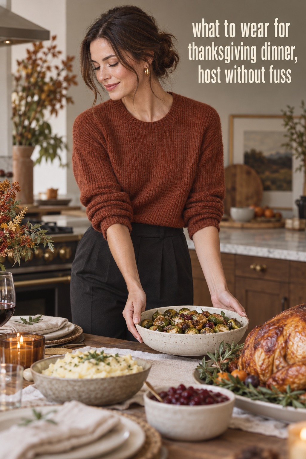 what to wear for thanksgiving dinner: host in a rust knit and dark trousers