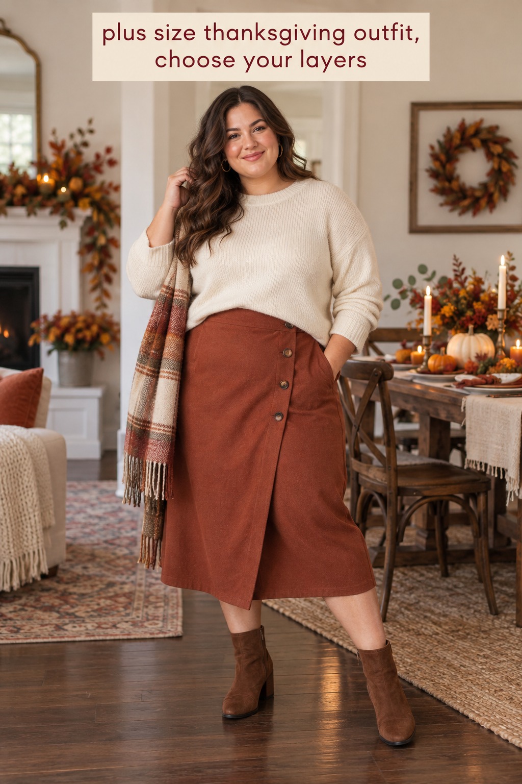 Plus size Thanksgiving outfit with a rust skirt, cream sweater, plaid scarf, and boots