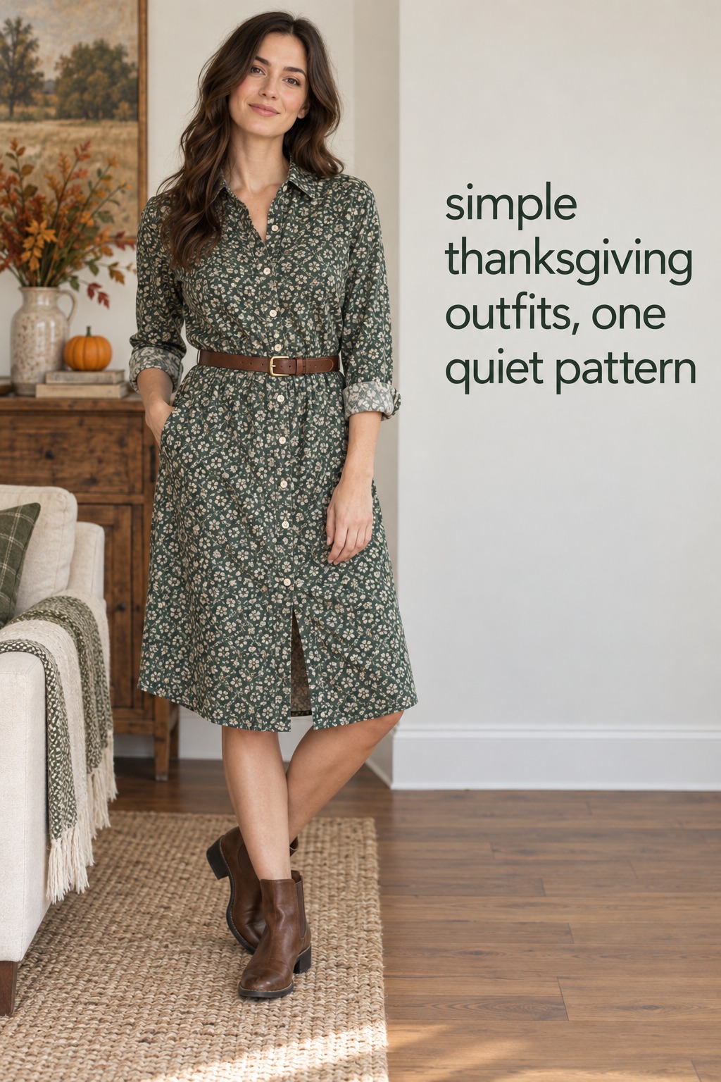 simple thanksgiving outfits modeled in a patterned shirt dress with a narrow belt and flat boots