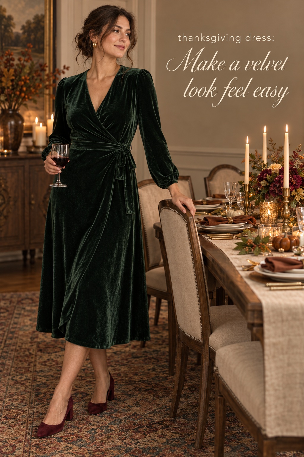 thanksgiving dress in forest-green velvet with a wrap neckline for a dressy family dinner