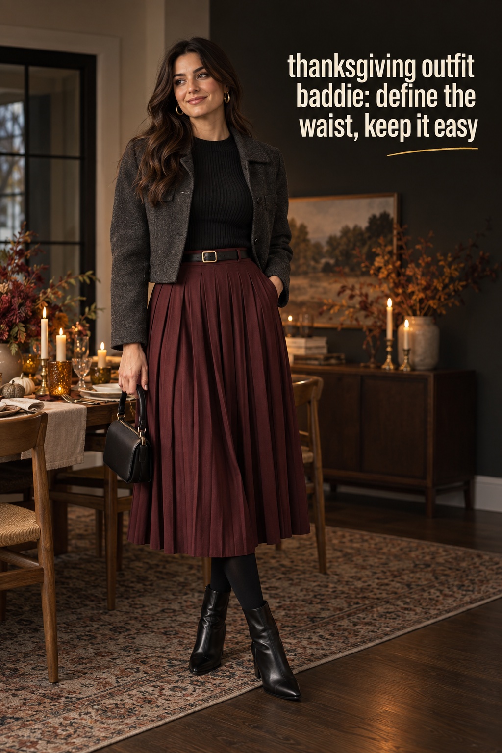 thanksgiving outfit baddie with merlot skirt, tucked knit, belt, and boots