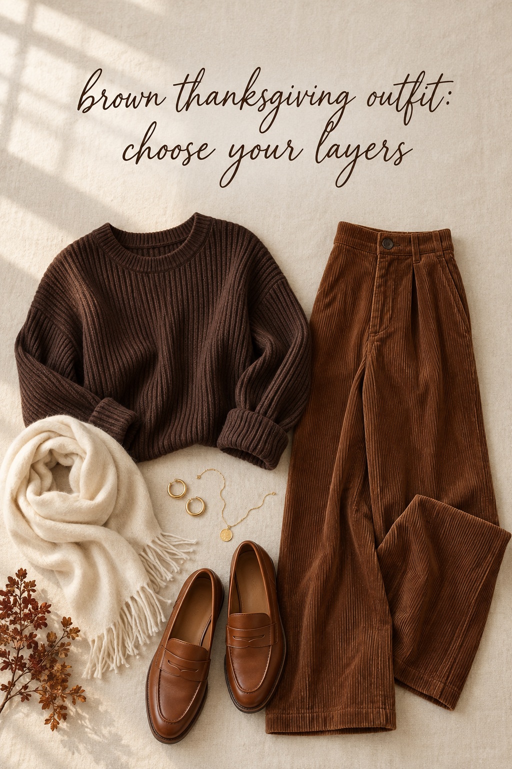brown thanksgiving outfit flat lay with chocolate knit, corduroy, scarf, and loafers
