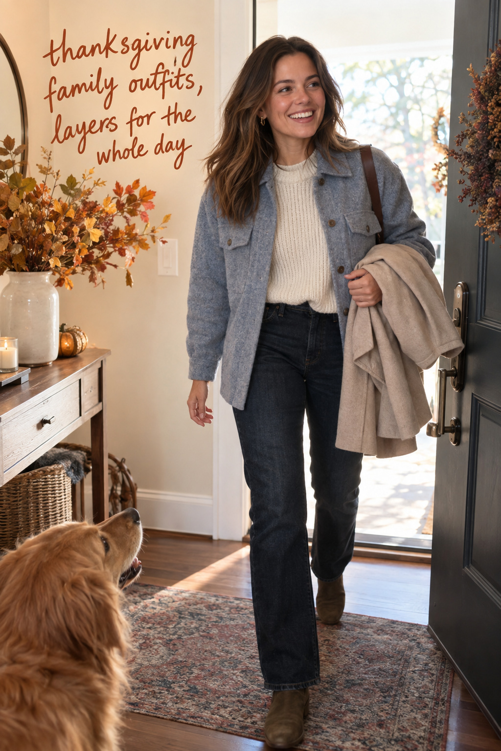 thanksgiving family outfits candid arrival look with blue overshirt, cream knit, jeans, boots, and removable coat