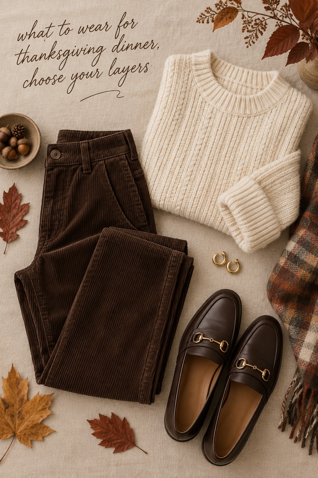 what to wear for thanksgiving dinner: cream knit and corduroy flat lay
