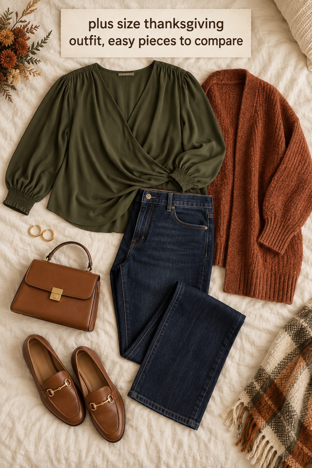 Plus size Thanksgiving outfit flat lay with olive blouse, jeans, cardigan, loafers, and bag