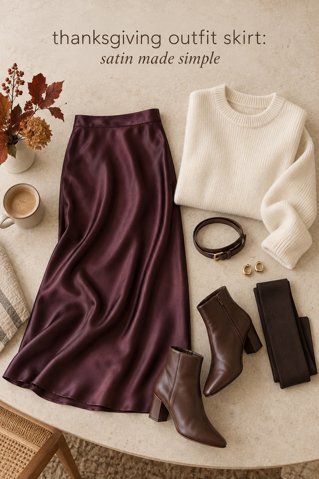 Thanksgiving outfit skirt flat lay with plum satin midi, ivory sweater, belt, tights, and boots