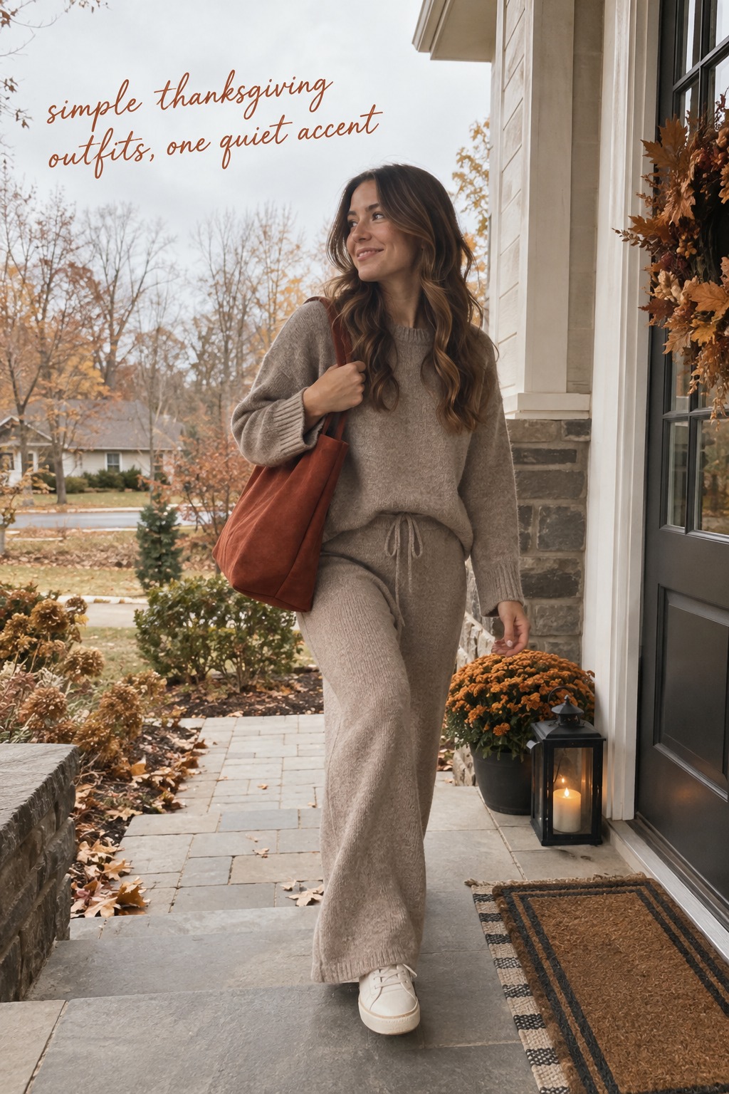 simple thanksgiving outfits candid knit set with a rust bag outside a welcoming home