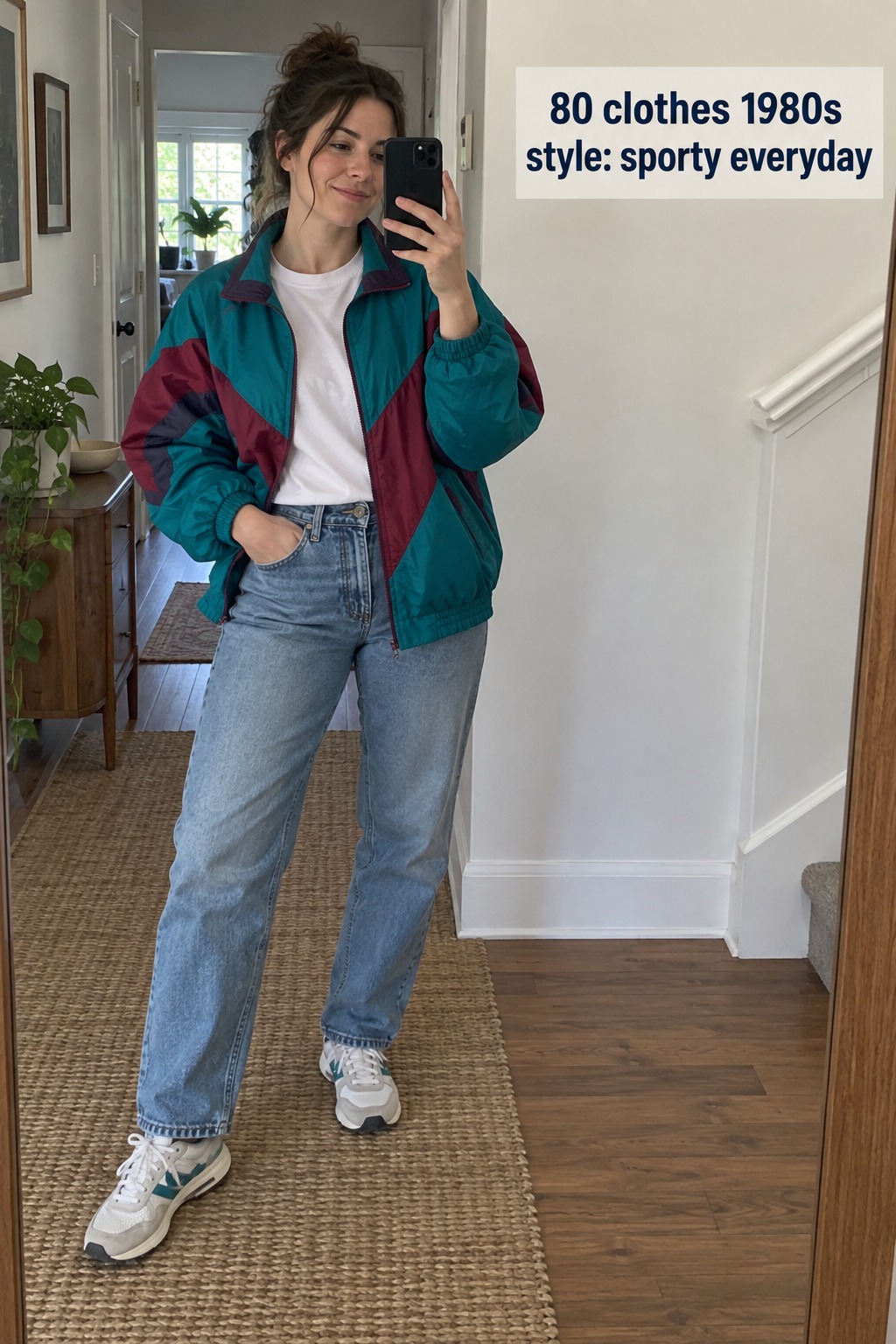 80 clothes 1980s style in a teal and burgundy windbreaker with jeans for sporty everyday wear